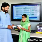 주택 소유권 이전 등기 - **Prompt:** A modern, brightly lit government service center in Pakistan, specifically a Computerize...