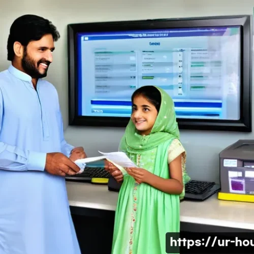 Home 32 주택 소유권 이전 등기 - **Prompt:** A modern, brightly lit government service center in Pakistan, specifically a Computerize...