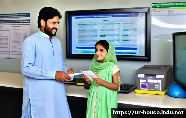 주택 소유권 이전 등기 - **Prompt:** A modern, brightly lit government service center in Pakistan, specifically a Computerize...