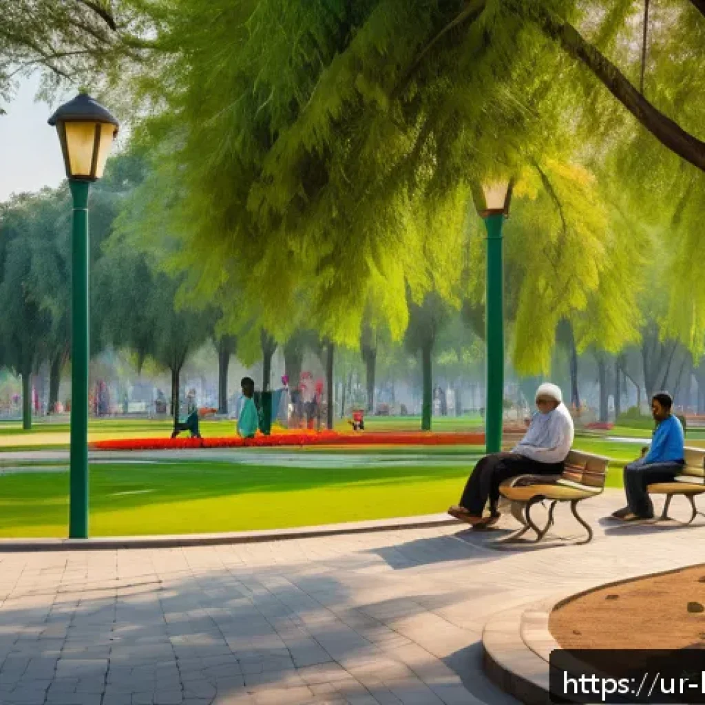 도시재생 사업 정보 - A vibrant community park in an urban Urdu-speaking neighborhood, featuring lush green lawns, colorfu...
