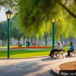Home 19 도시재생 사업 정보 - A vibrant community park in an urban Urdu-speaking neighborhood, featuring lush green lawns, colorfu...