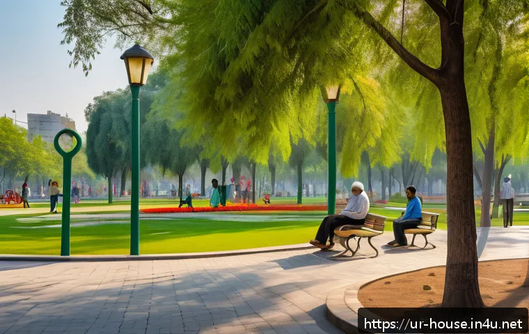 도시재생 사업 정보 - A vibrant community park in an urban Urdu-speaking neighborhood, featuring lush green lawns, colorfu...