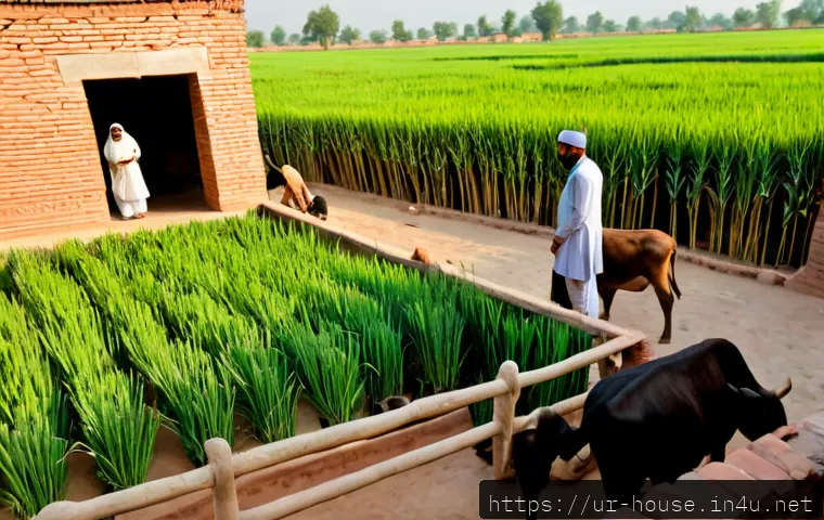 농촌 체험 주택 - Photorealistic rural homestay experience in Punjab, Pakistan, a welcoming traditional brick farmhous...