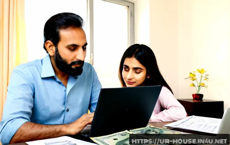 Home 17 부동산 실거래가 조회 - Photorealistic Pakistani family reviewing a recent residential property sale on a laptop at a tidy d...
